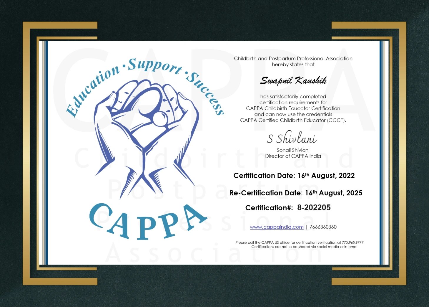 CAPPA certificate awarded to Swapnil Kaushik