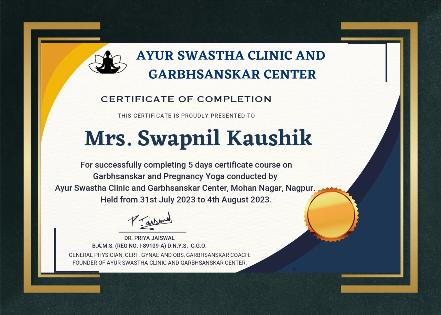 Garbhsanskar and pregnancy yoga course certificate awarded to Swapnil Kaushik