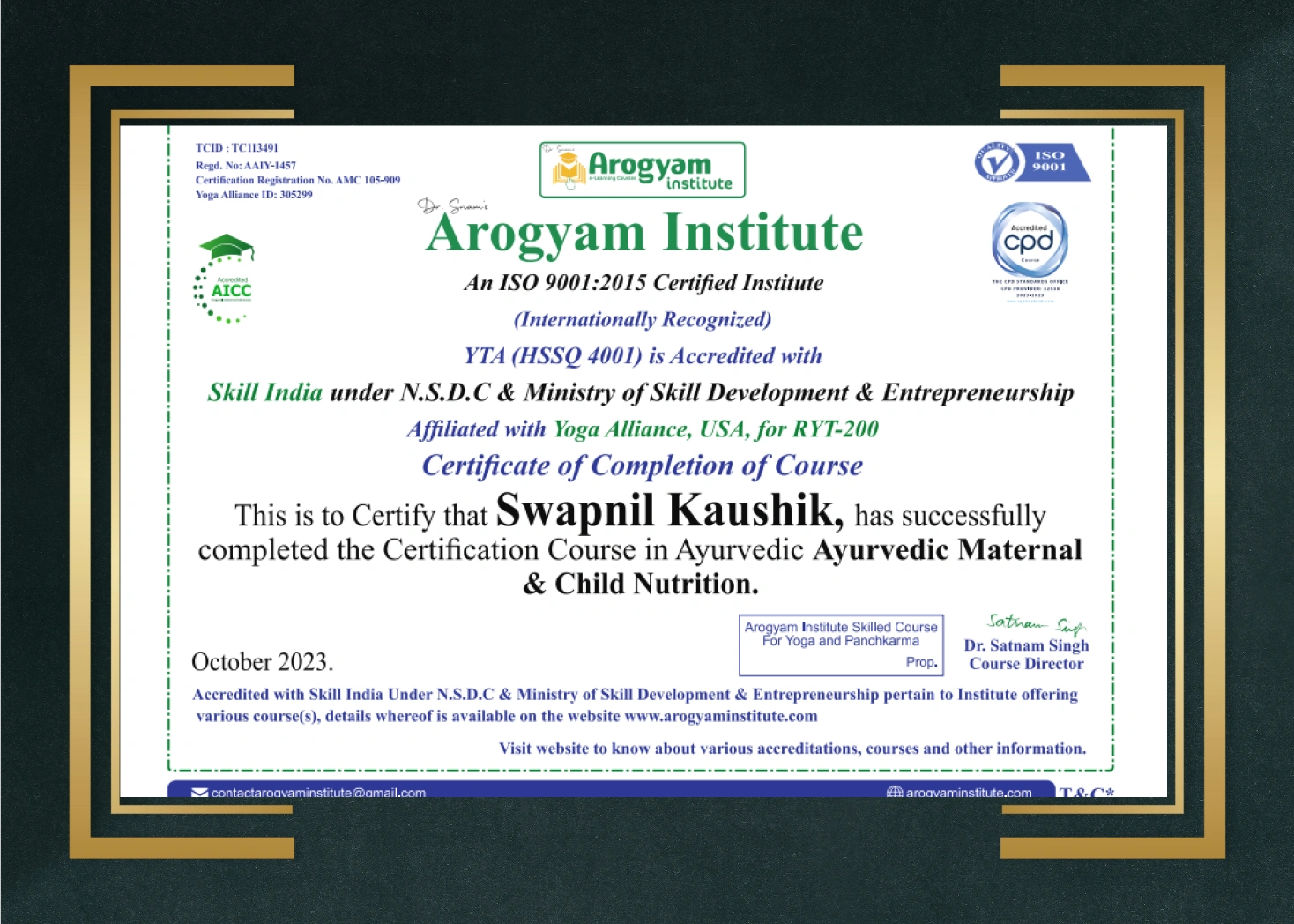 Ayurvedic maternal and child nutrition certificate awarded to Swapnil Kaushik