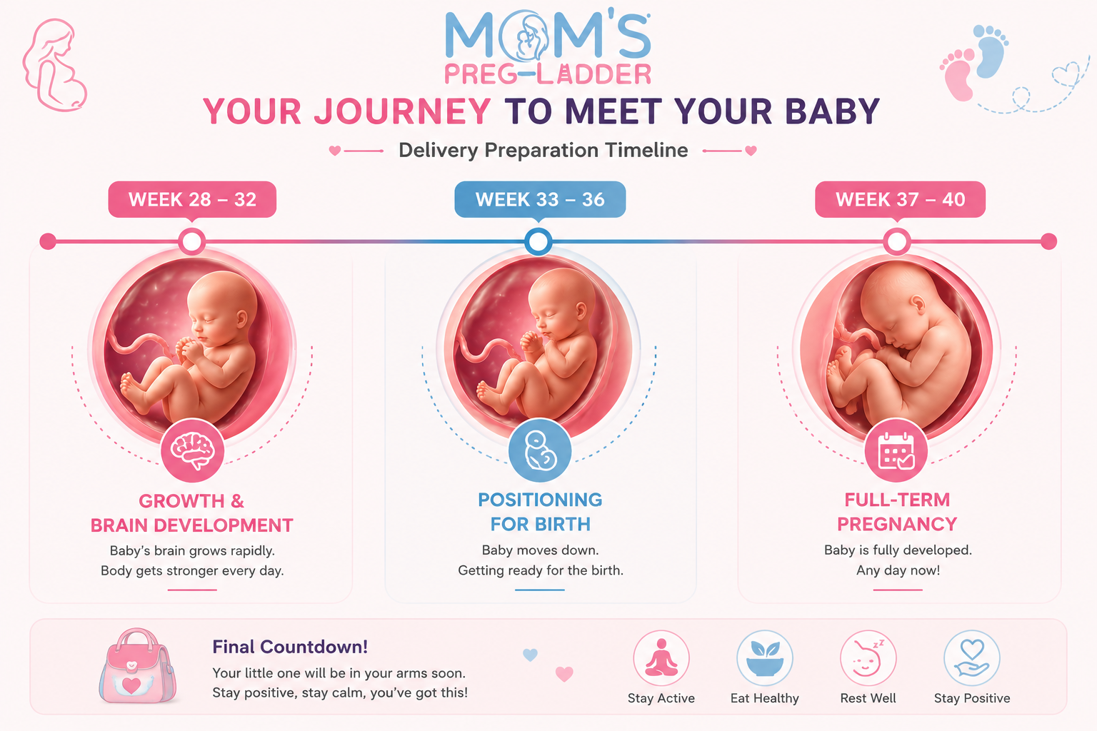 Third trimester delivery preparation timeline — Your Journey to Meet Your Baby: Week 28–32 Growth & Brain Development, Week 33–36 Positioning for Birth, Week 37–40 Full-Term Pregnancy — Moms Preg Ladder